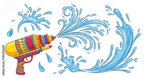 Colorful water gun spraying water droplets on white background for fun and playful summer activities