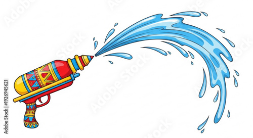 Colorful water gun spraying blue water on a white background for summer fun and playful activities