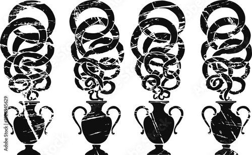 vintage greek urn with smoke illustration in distressed ancient vessel with swirling smoke, classical design element