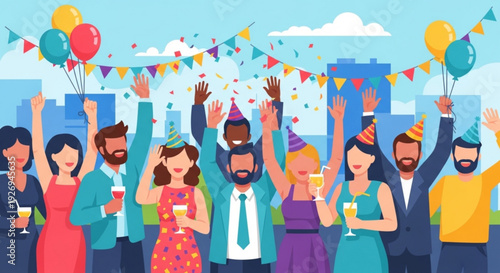 Diverse group of friends celebrating a birthday with balloons and confetti in the city joyful and festive atmosphere with drinks