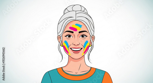 Smiling woman with colorful rainbow makeup on her face and a vibrant teal and orange shirt