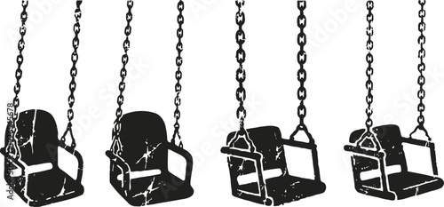 black silhouette of vintage playground swings hanging from chains, isolated object set