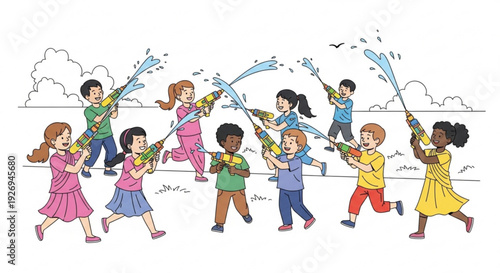 Diverse group of happy children playing with colorful water guns on a sunny day outdoors