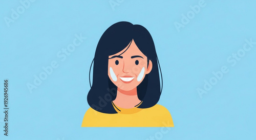 Smiling woman with dark hair and yellow shirt on blue background happy face cartoon style illustration