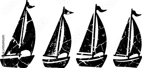 vintage sailboat silhouettes with distressed texture, nautical marine sailing vessels  set