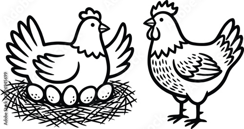Black and white illustration of two chickens with nest of eggs, simple stylized poultry artwork highlighting farming, incubation, and agricultural animal behavior concepts
