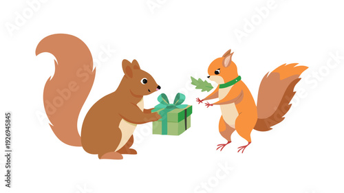 A squirrel with a bushy tail holding a small decorated box tied with a green ribbon, offering it to a neighbor bird.
