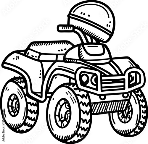 All terrain vehicle and helmet illustration off road atv quad bike with large tires and protective gear