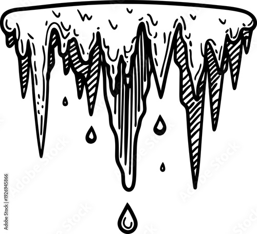 Dripping melting wax or icicles sketch hand drawn black and white sticky liquid texture with drops hanging down