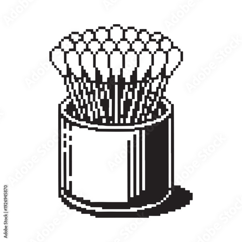 A black and white illustration of cotton swabs in a cylindrical container