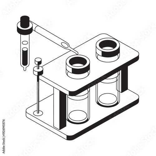 Isometric illustration of laboratory equipment including beakers pipettes and a stirring rod