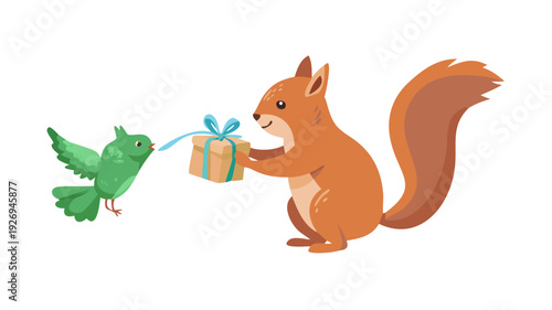 A squirrel with a bushy tail holding a small decorated box tied with a green ribbon, offering it to a neighbor bird.