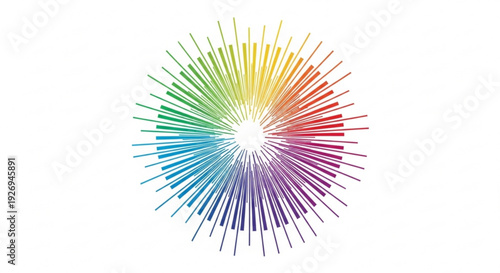 Vibrant rainbow colored burst of light with multicolored lines radiating outward on white background symbolizing energy and diversity