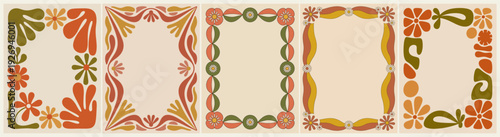 Set of retro frames with groovy flowers in mid Century modern color palette. Vector flat illustrations
