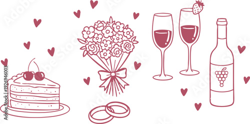 Romantic wedding celebration with cake flowers and wine