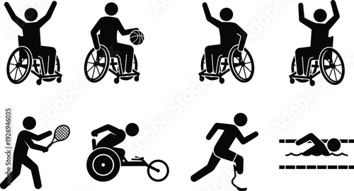 Inclusive black silhouette icons of adaptive sports featuring athletes with disabilities in wheelchairs, prosthetic running, swimming, and tennis, symbolizing diversity and accessibility in athletics
