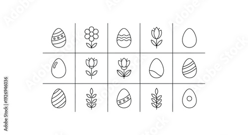 Simple black and white line icons display various Easter eggs and floral elements arranged in a grid.