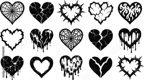 Black Gothic Heart SVG Bundle Featuring Grungy Broken Hearts, Spiky Thorns, Melting Liquid Drip, Spider Webs, and Edgy Distressed Aesthetic Shapes for Streetwear Design