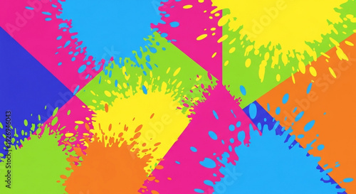 Vibrant colorful abstract background with geometric shapes and splashes of paint in pink blue green yellow and orange hues for creative design