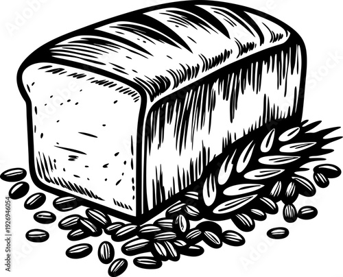 loaf of bread with wheat spike and grains black and white vintage bakery illustration