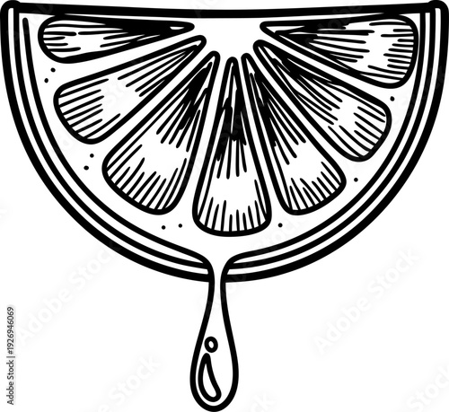 Black and white lemon slice illustration with juice drop citrus fruit segment line art drawing
