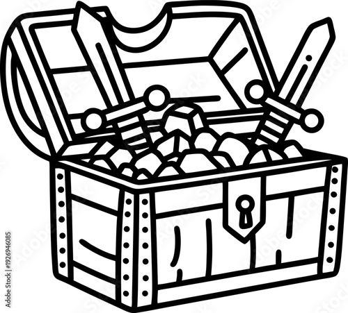Open treasure chest filled with gold coins and two crossed swords inside