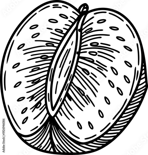 Detailed hand drawn sketch of a sliced fruit with seed and textured interior lines