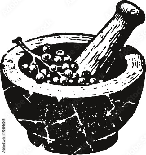Mortar and pestle with peppercorns classic kitchen tool for grinding spices and herbs