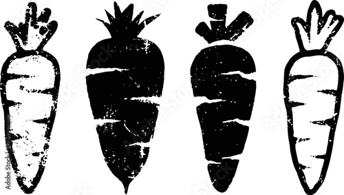 black and white carrot silhouettes with grunge texture design, vegetable icons, rustic