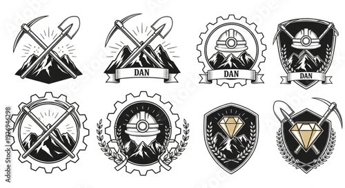 Collection of vintage mining badges and emblems with tools and mountains.