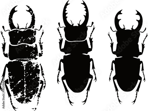 Set of black silhouette stag beetles with antler mandibles seen from above isolated on white background