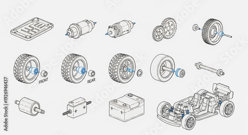 Detailed illustration of various mechanical components and parts for engineering and design.