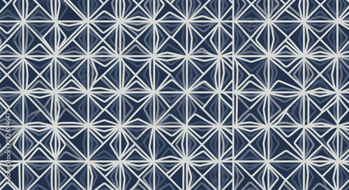 Geometric abstract pattern with interlocking diamond shapes in blue and white.