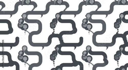 Abstract interconnected lines and light bulbs forming a repeating pattern, grayscale.