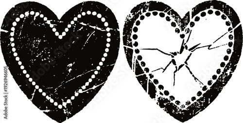 Two grunge hearts with distressed and cracked texture isolated on white background