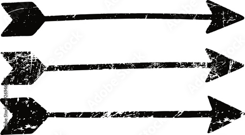 Set of three grunge arrows pointing right with distressed vintage texture