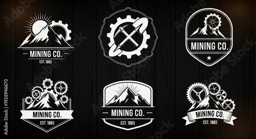 Vintage mining company logos featuring mountains, gears, and sunburst elements in monochrome.