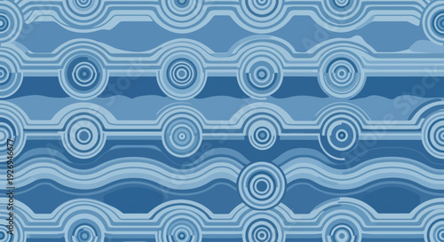 Abstract blue circular and wavy lines geometric seamless pattern