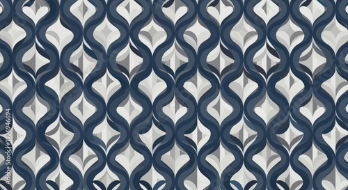 Abstract geometric seamless pattern with wavy lines and diamond shapes in blue and gray tones
