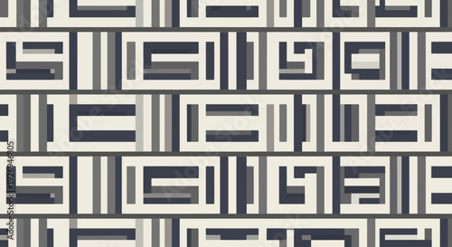 Geometric abstract pattern with interlocking rectangular blocks in shades of grey, beige, and dark blue.