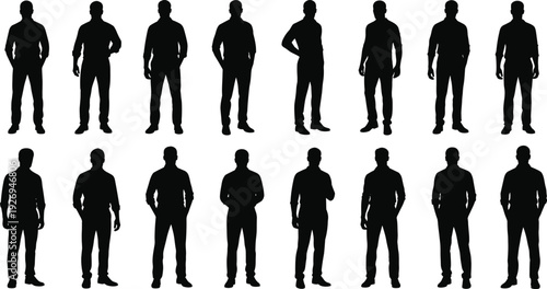 Collection of diverse human silhouettes in standing poses, showcasing variations in posture, gesture, and body language for design, illustration, and gesture recognition projects