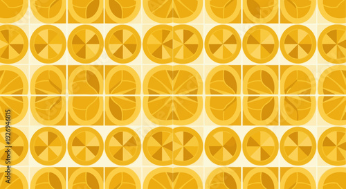 Geometric pattern of stylized yellow and orange citrus fruit slices in a grid
