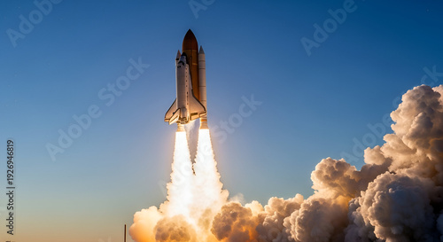 A space shuttle launching into the sky with clouds of smoke