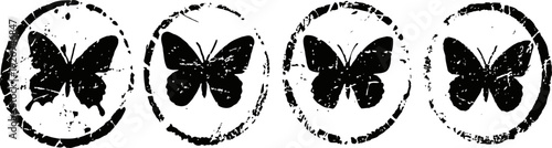 vintage grunge butterfly stamps in circular frames, set of four black ink silhouettes