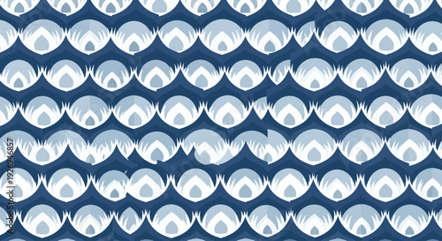 Abstract blue and white repeating geometric pattern with layered rounded shapes and organic elements