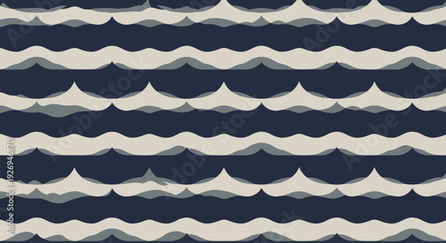 Abstract wavy lines pattern, repeating horizontal layers of stylized waves in navy blue and beige.