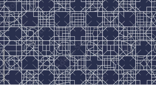 Geometric pattern with squares and circles in white lines on a dark blue background, vector art