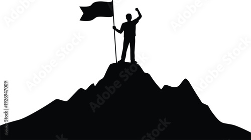 Successful silhouette of a man standing on a mountain peak holding a flag, celebrating victory and reaching the summit.