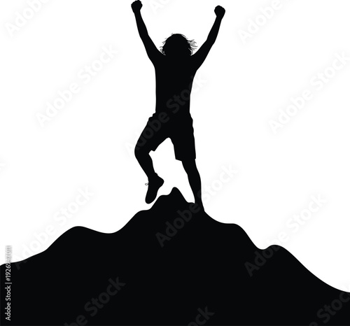 Successful silhouette of a hiker jumping for joy on a mountain peak after reaching the summit, isolated on white background.