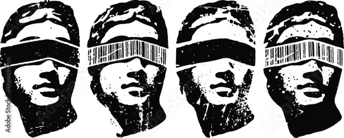 four black and white classical busts with blindfolds, ancient sculpture head designs